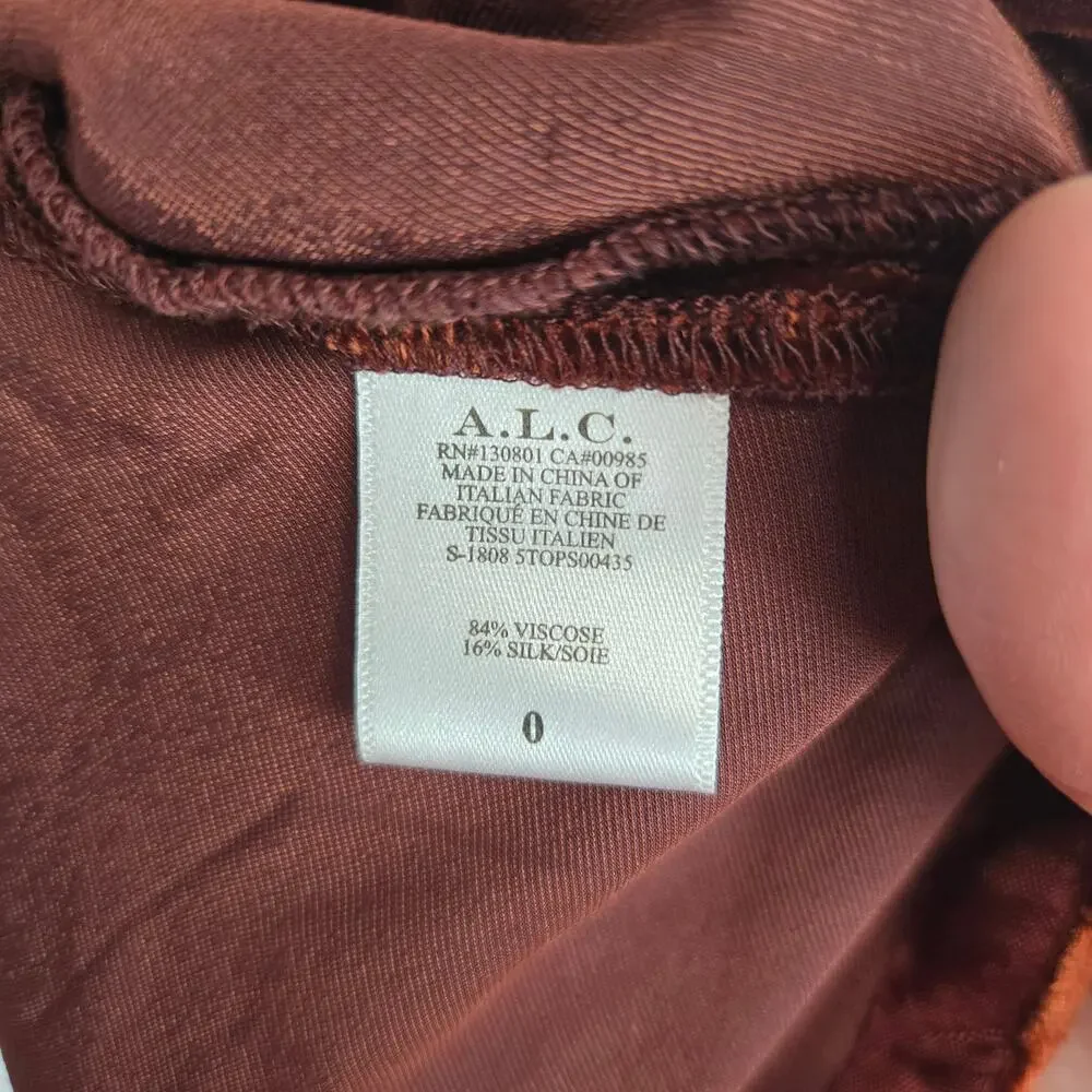 A.L.C. Miller Crushed Velvet Top 0 Cognac Brown Dolman Sleeve Soft Drapey Earthy